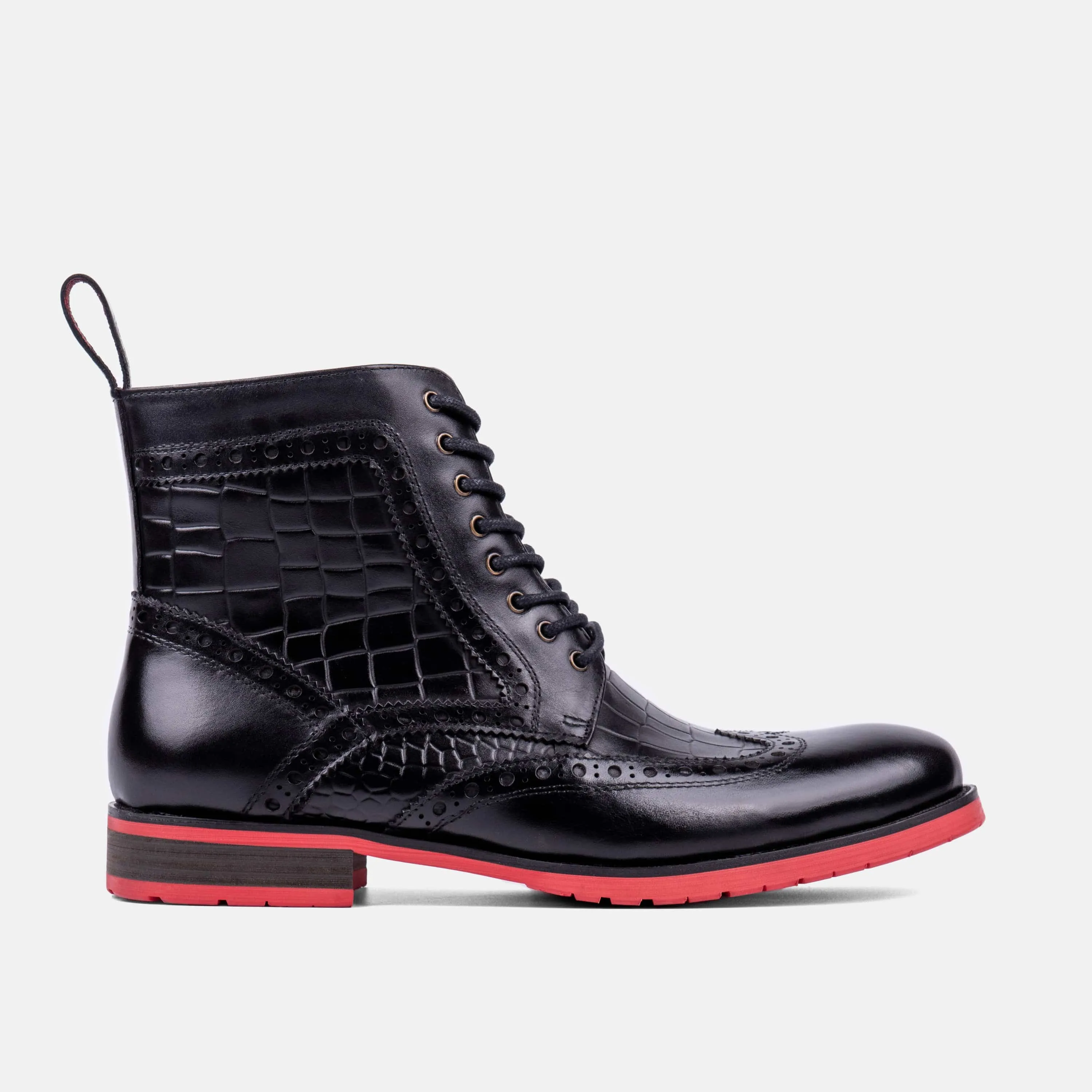 Belmont Black Crocskin Leather Wingtip Combat Boots