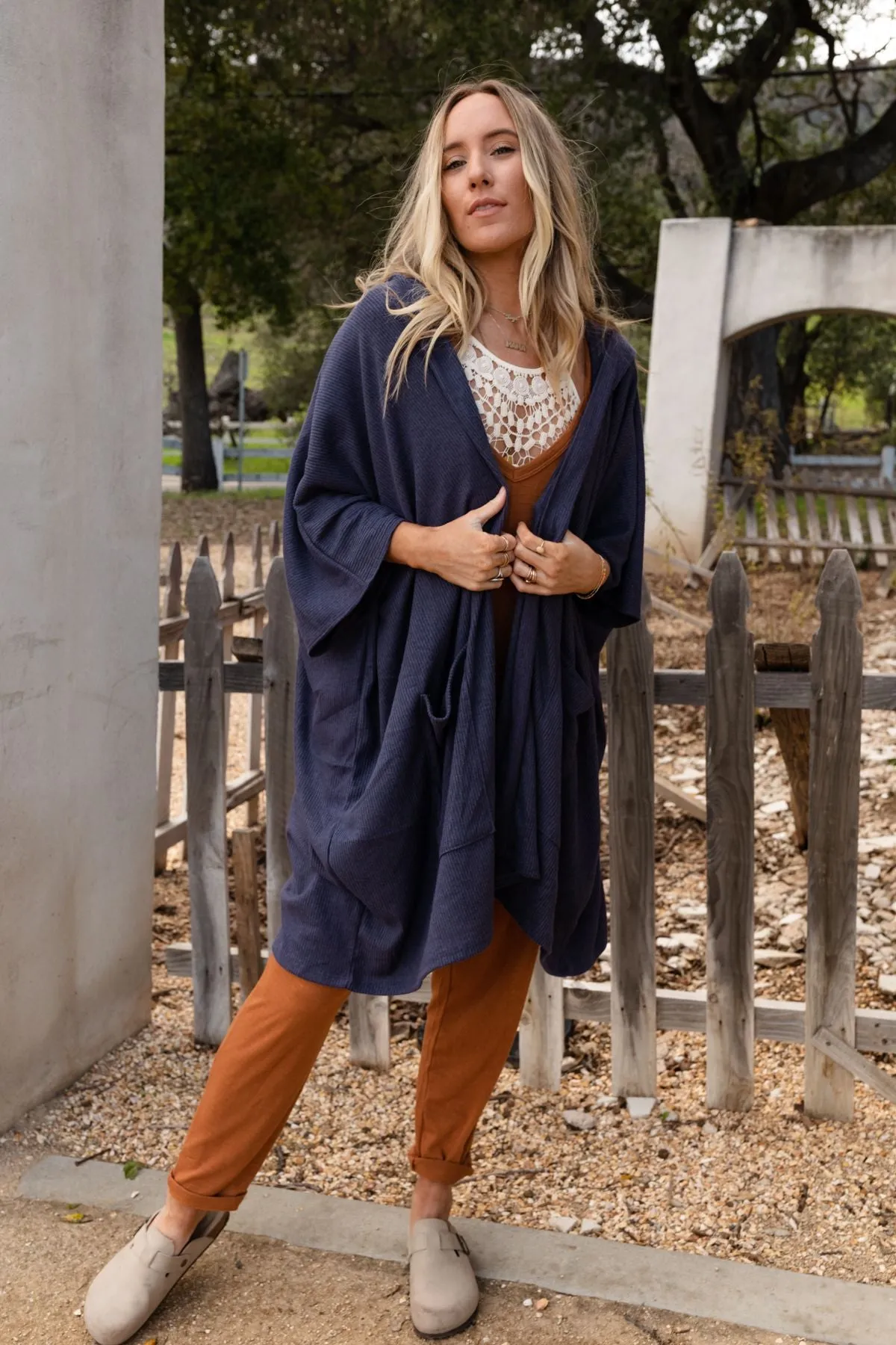 Boho Essential Hooded Ribbed Sweater - Navy