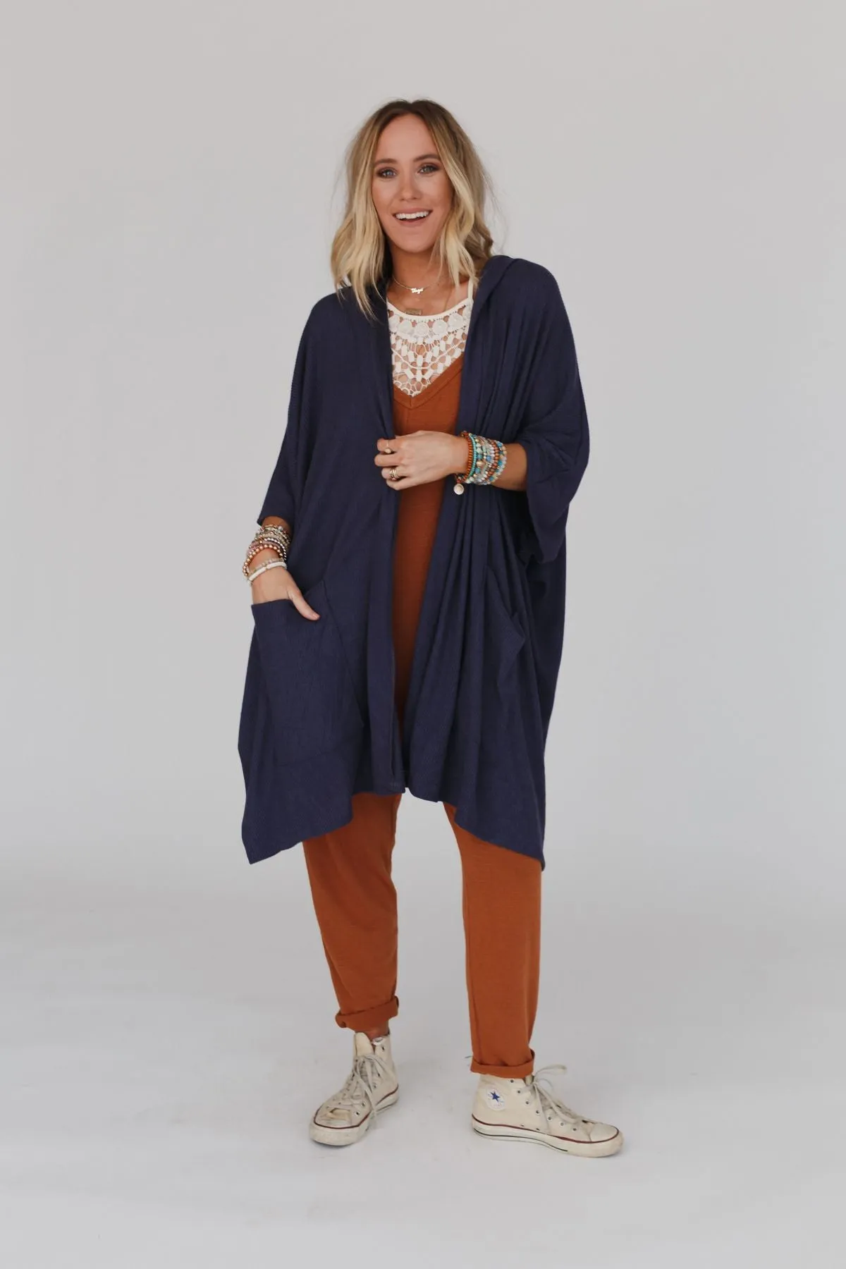 Boho Essential Hooded Ribbed Sweater - Navy