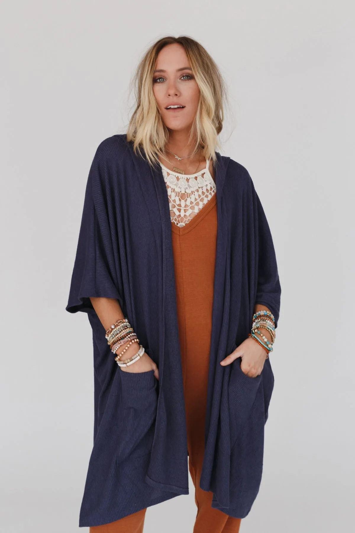 Boho Essential Hooded Ribbed Sweater - Navy