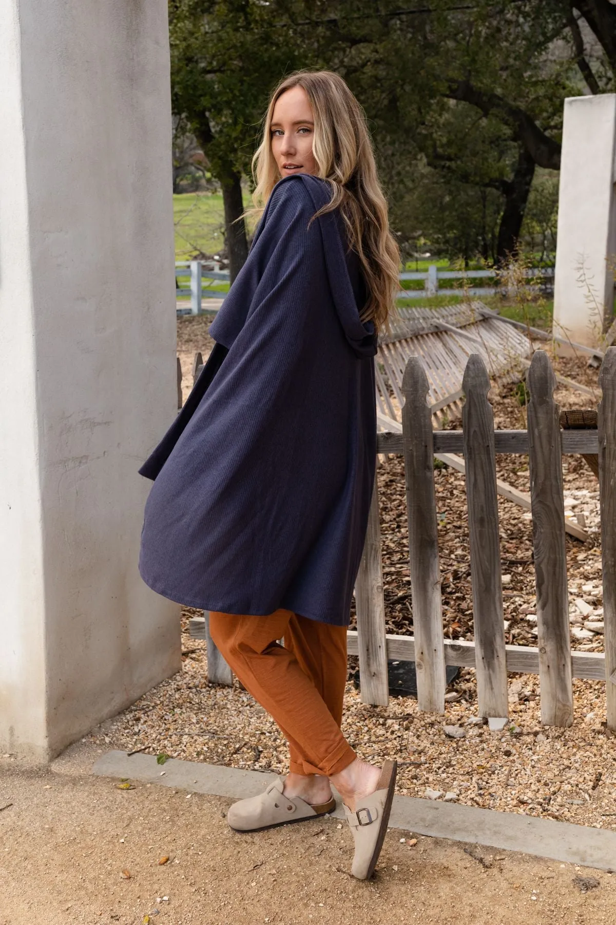 Boho Essential Hooded Ribbed Sweater - Navy