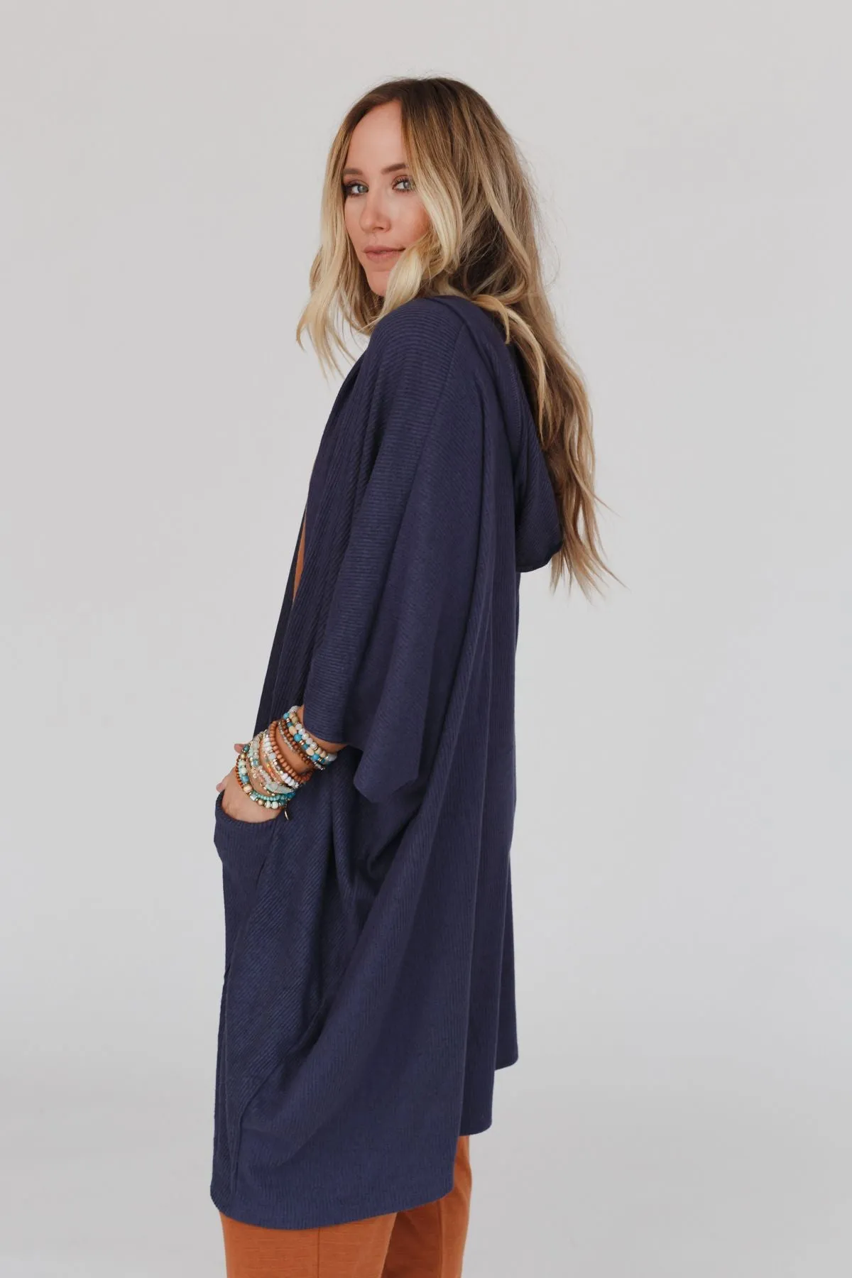 Boho Essential Hooded Ribbed Sweater - Navy