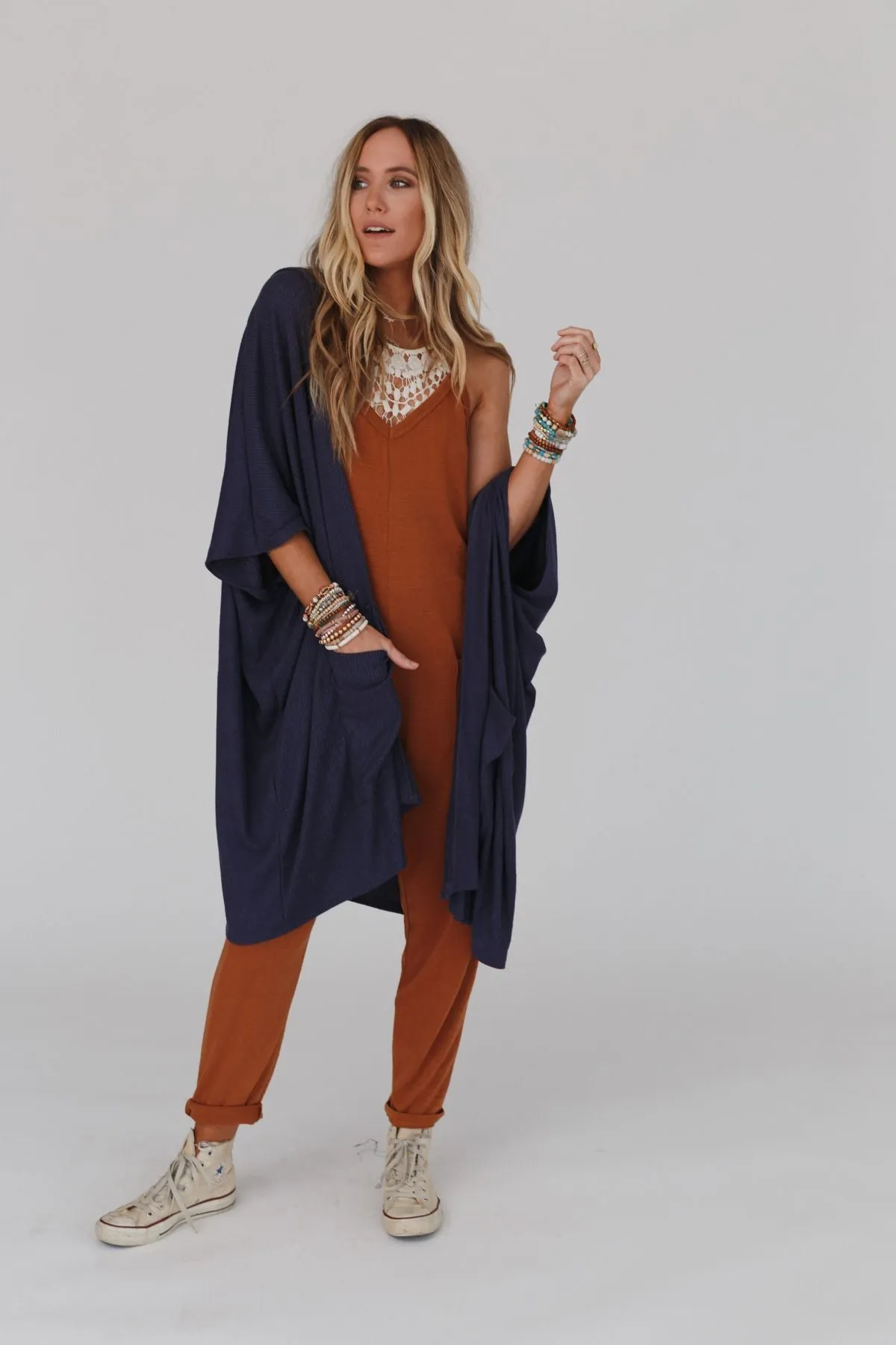 Boho Essential Hooded Ribbed Sweater - Navy