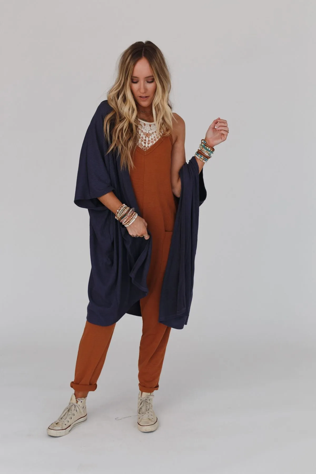 Boho Essential Hooded Ribbed Sweater - Navy