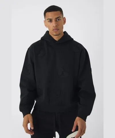 boohooMAN Mens Oversized Boxy All Over Heart Applique Hoodie