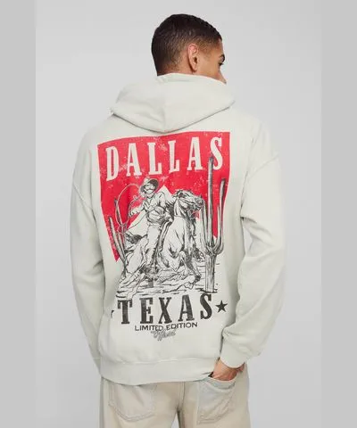 boohooMAN Mens Oversized Dallas Western Graphic Washed Hoodie