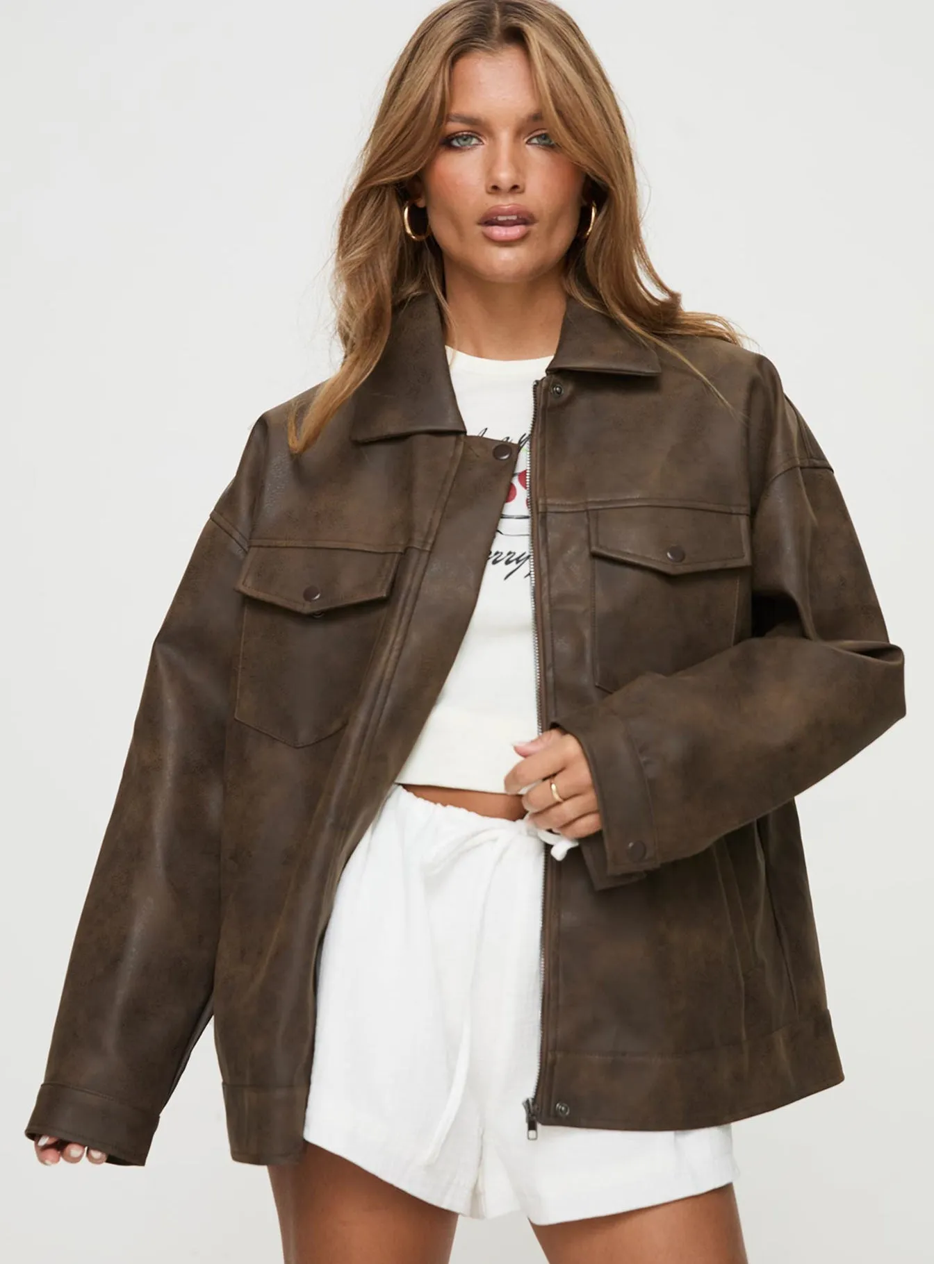 Callie Faux Leather Jacket Washed Brown