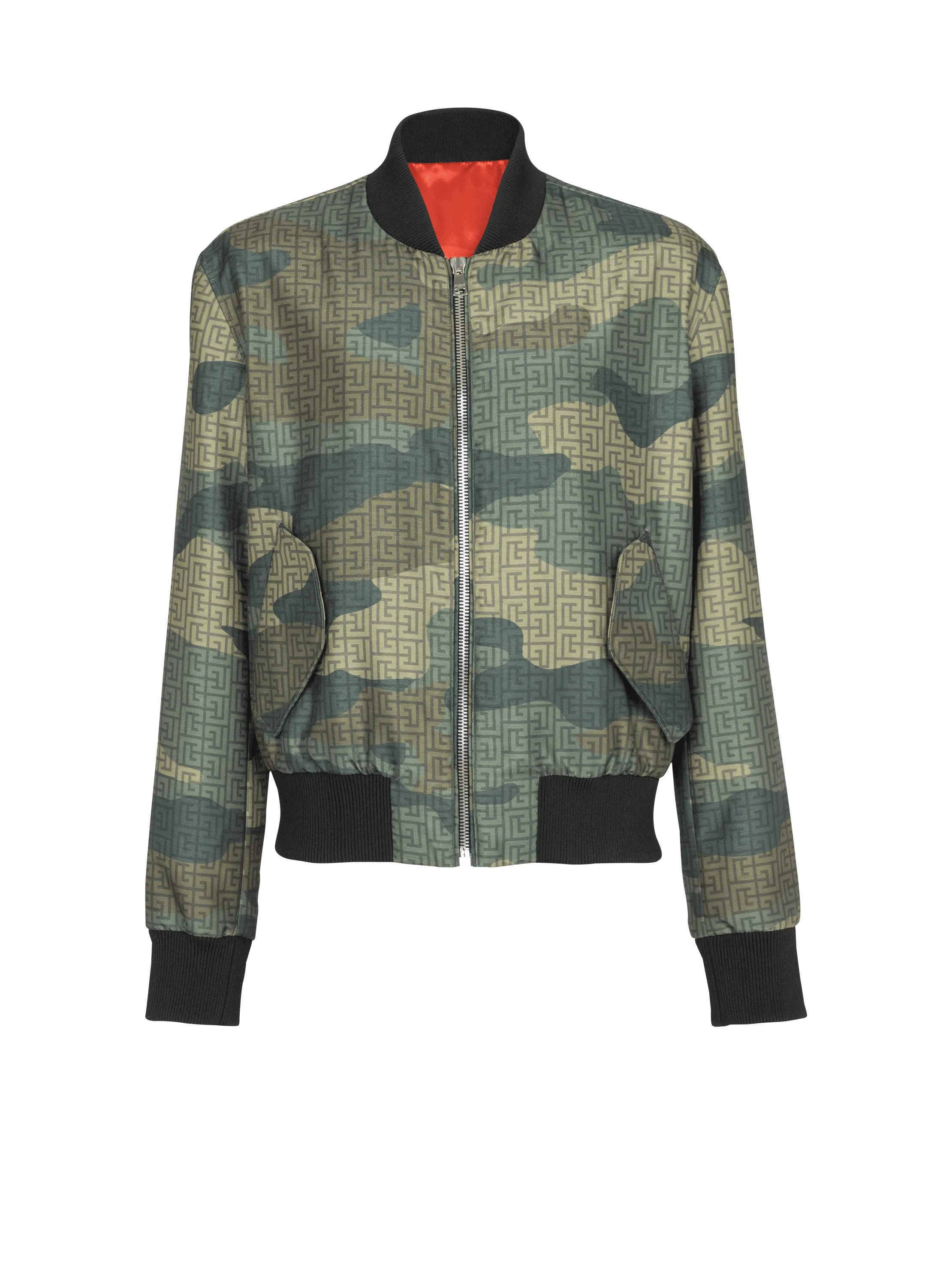 Camouflage monogrammed Shantung bomber jacket