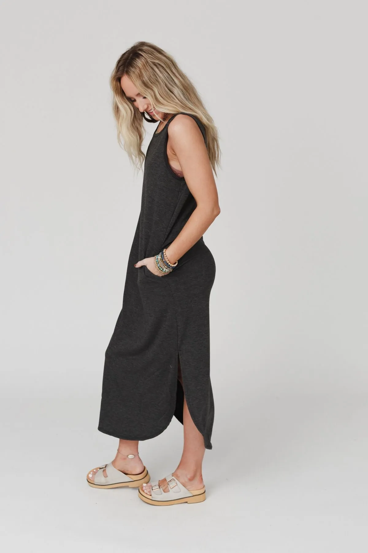 Cassie Sleeveless Pocket Maxi Dress - Charcoal