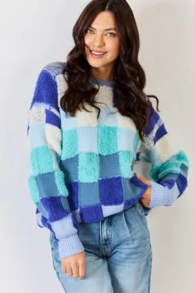 Checkered Round Neck Long Sleeve Sweater