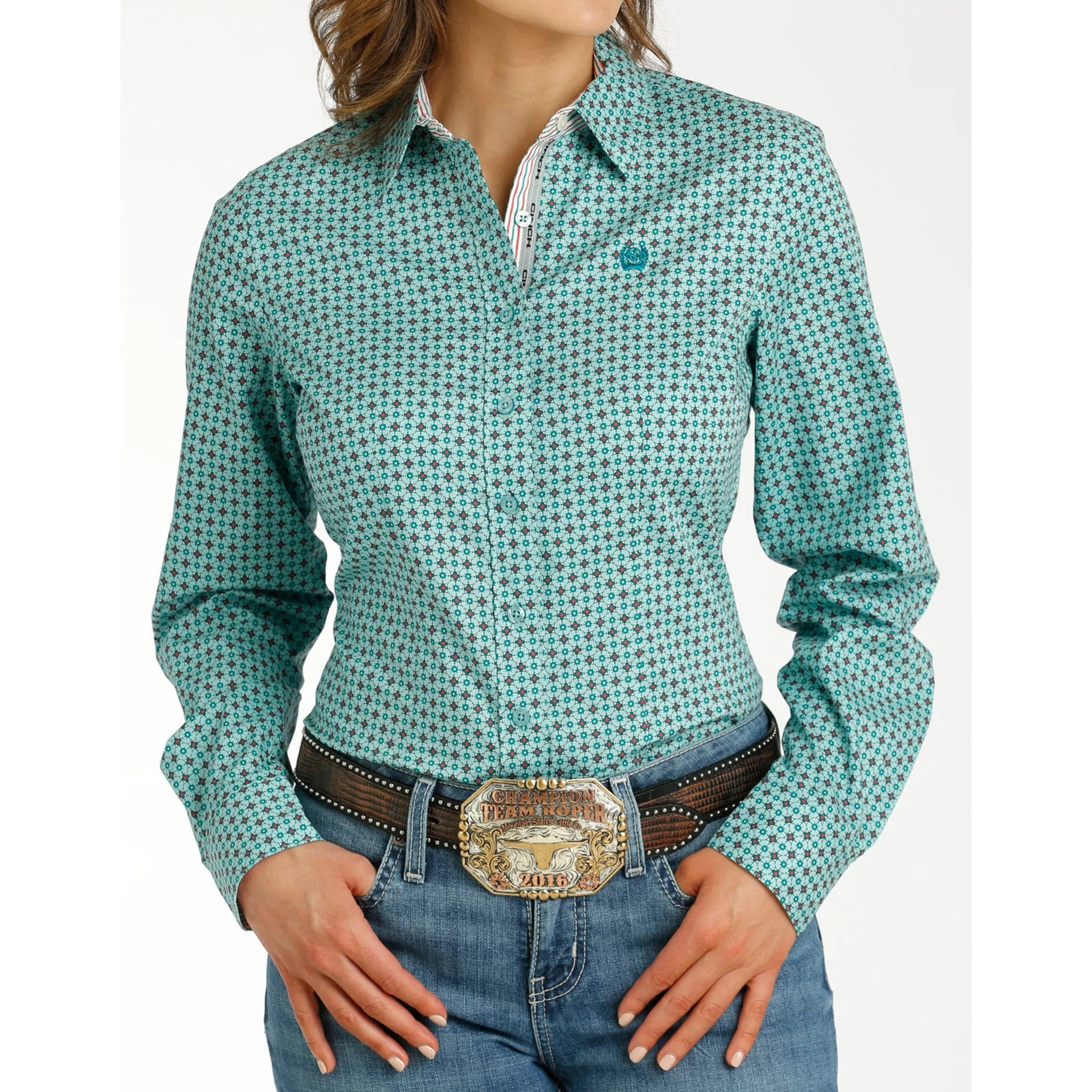 Cinch Women's Aqua Geo Print Long Sleeve