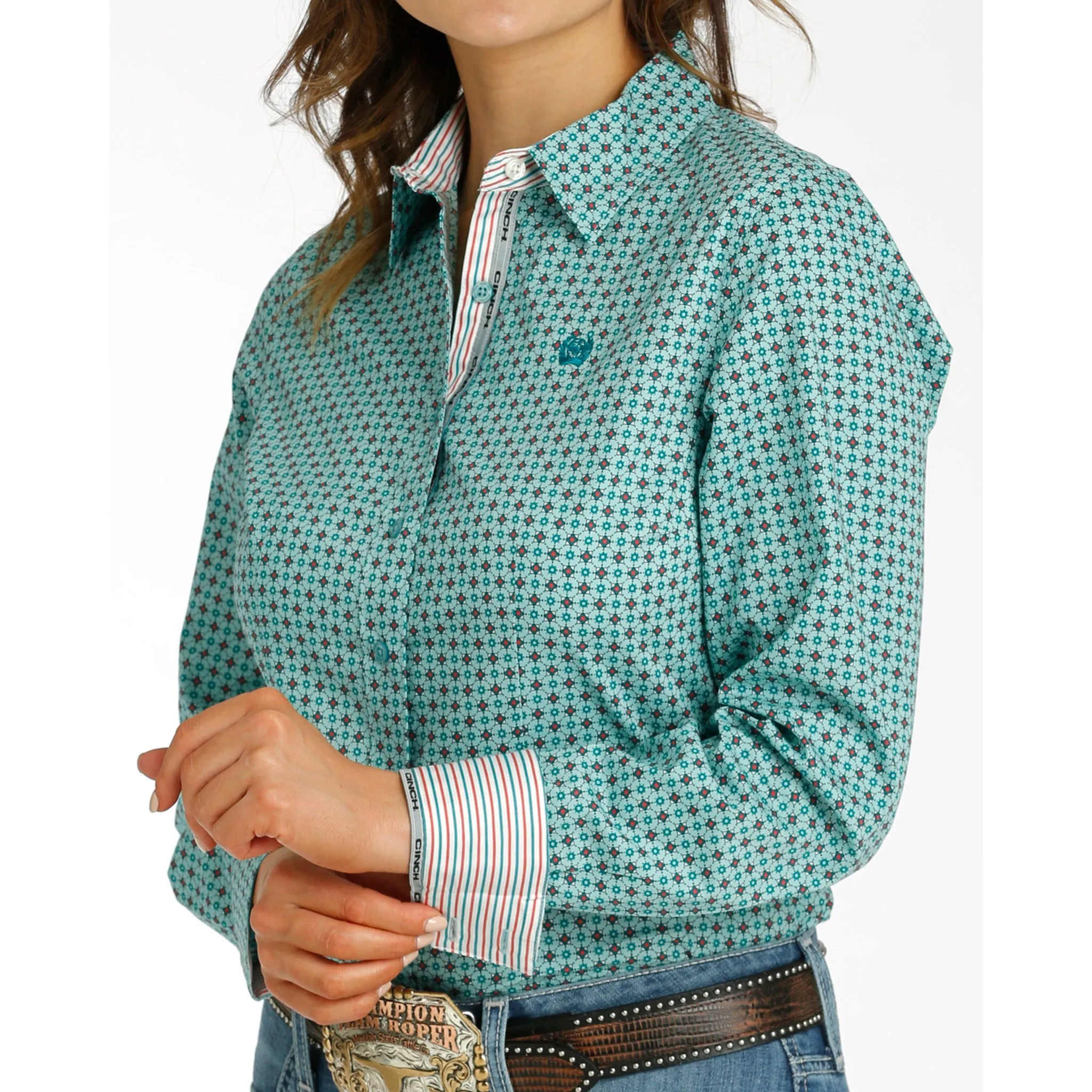 Cinch Women's Aqua Geo Print Long Sleeve