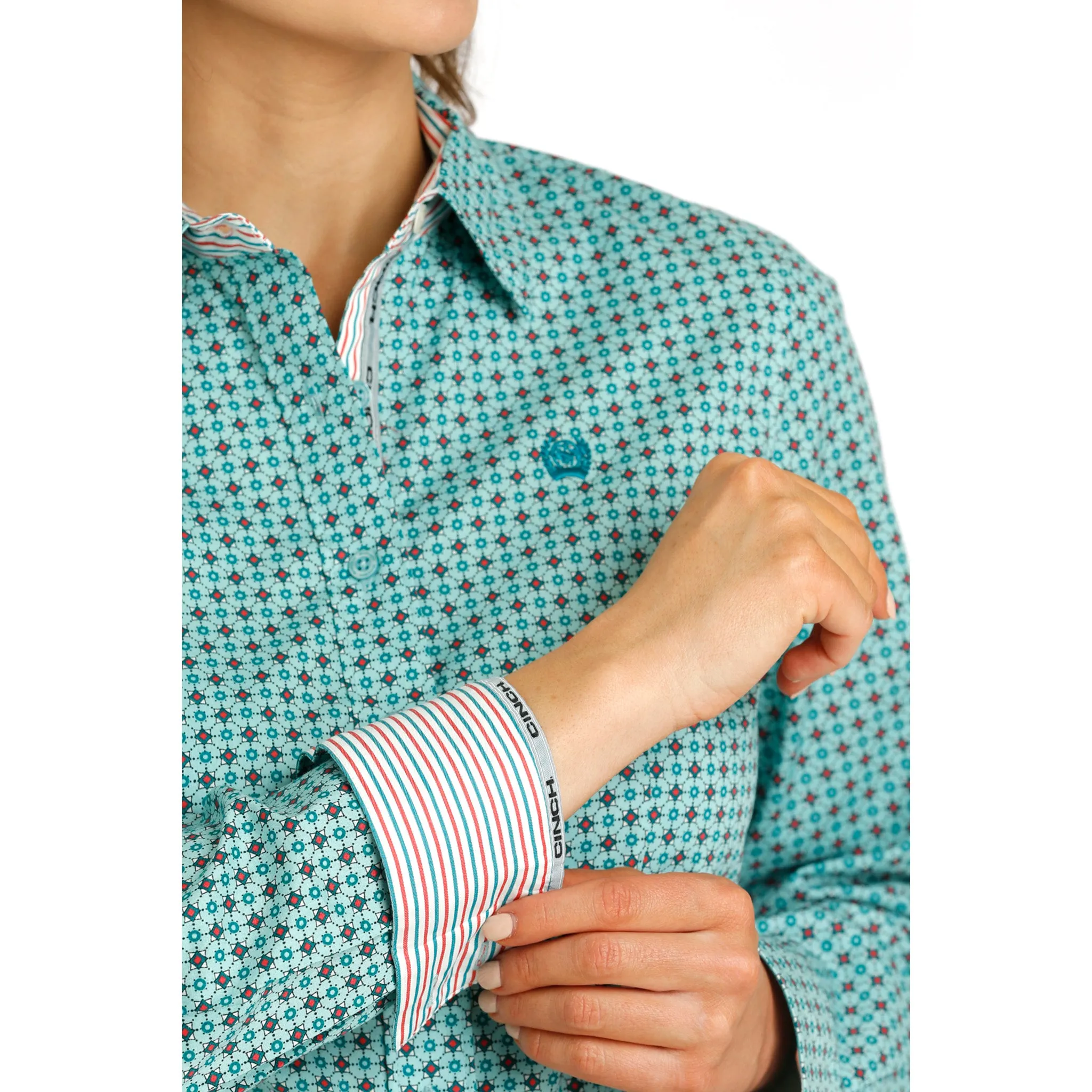 Cinch Women's Aqua Geo Print Long Sleeve