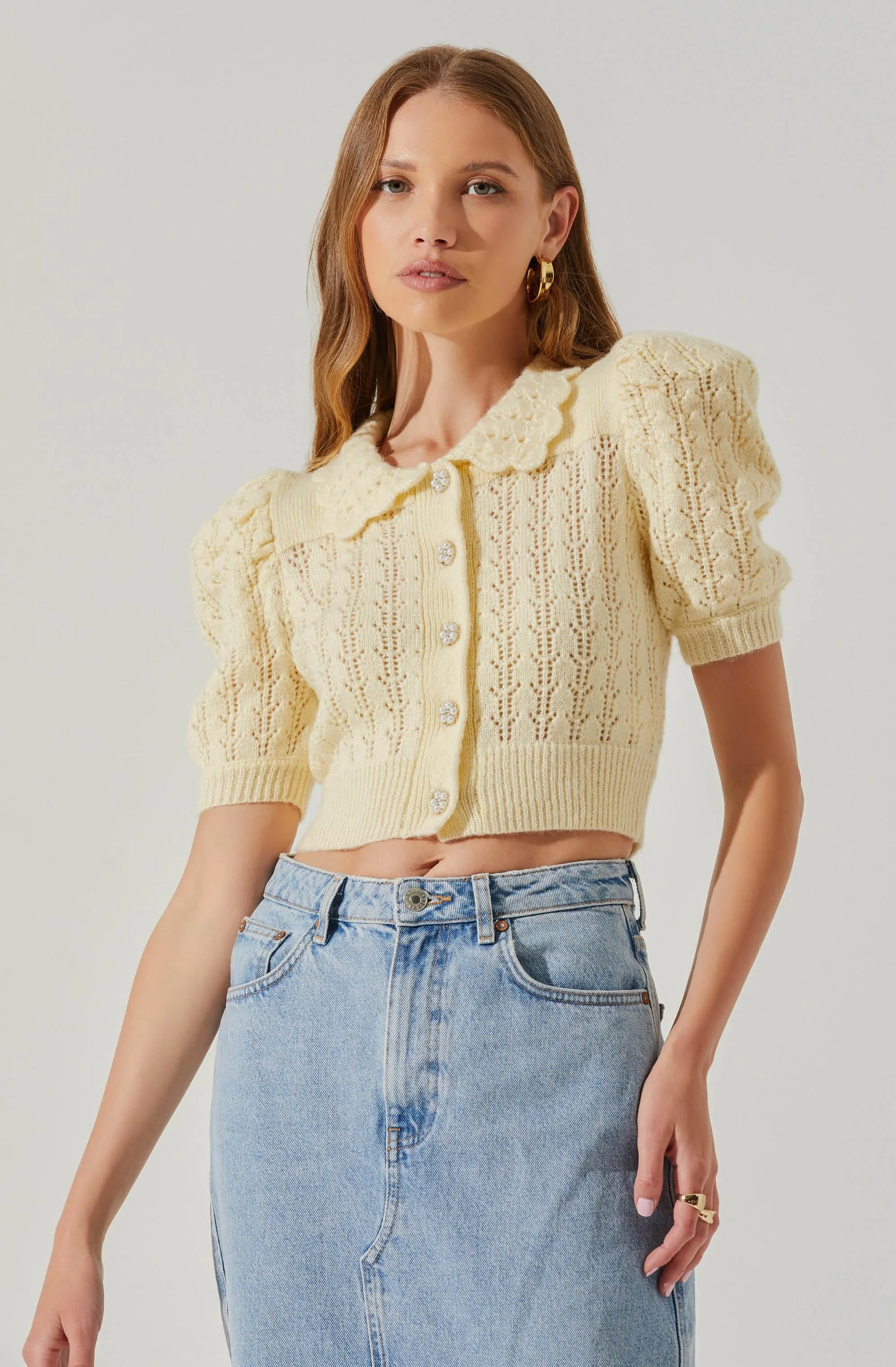 Dallyn Pointelle Collared Short Sleeve Sweater