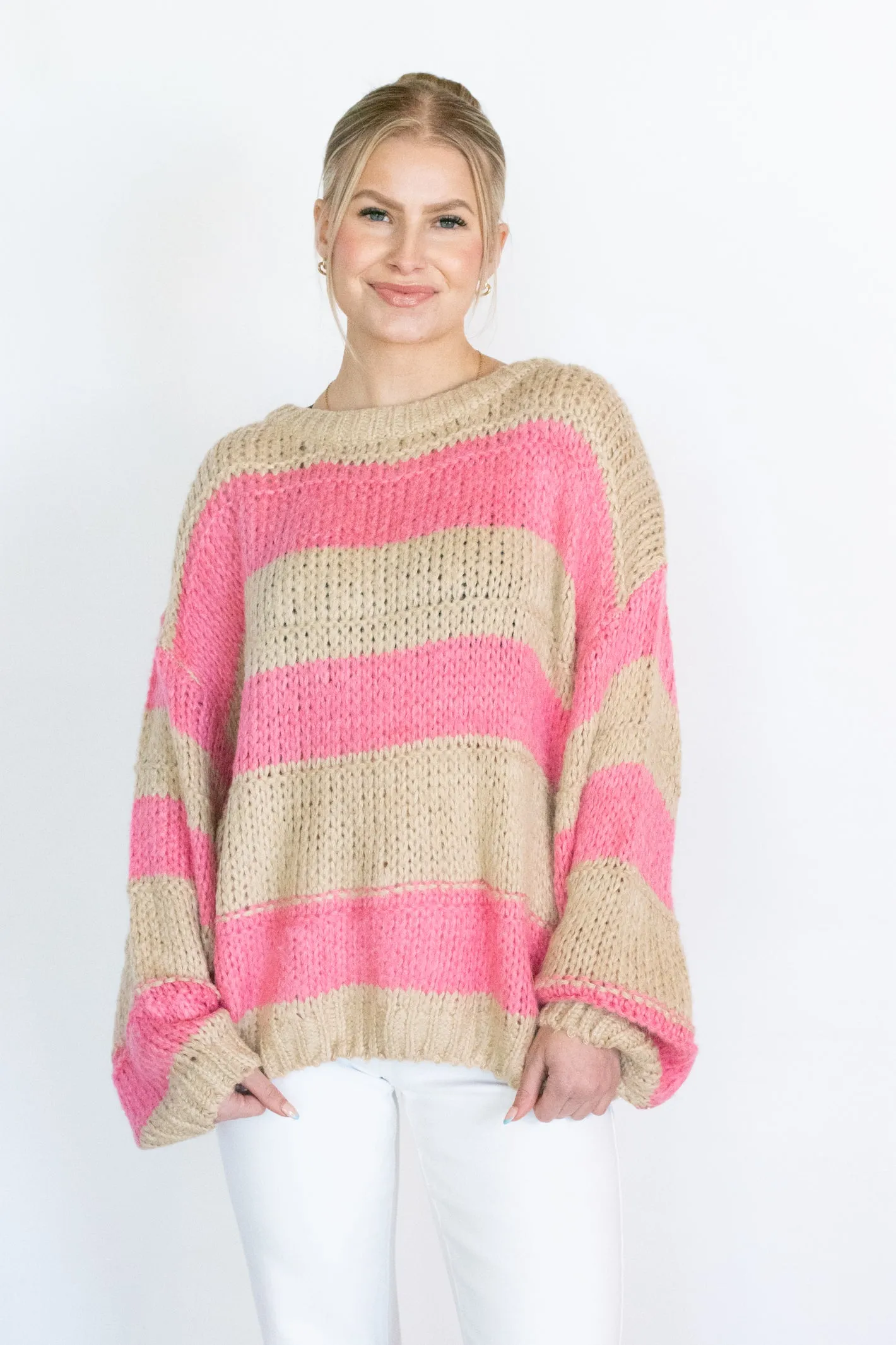 Delightful Ways Pink/Beige Stripe Sweater