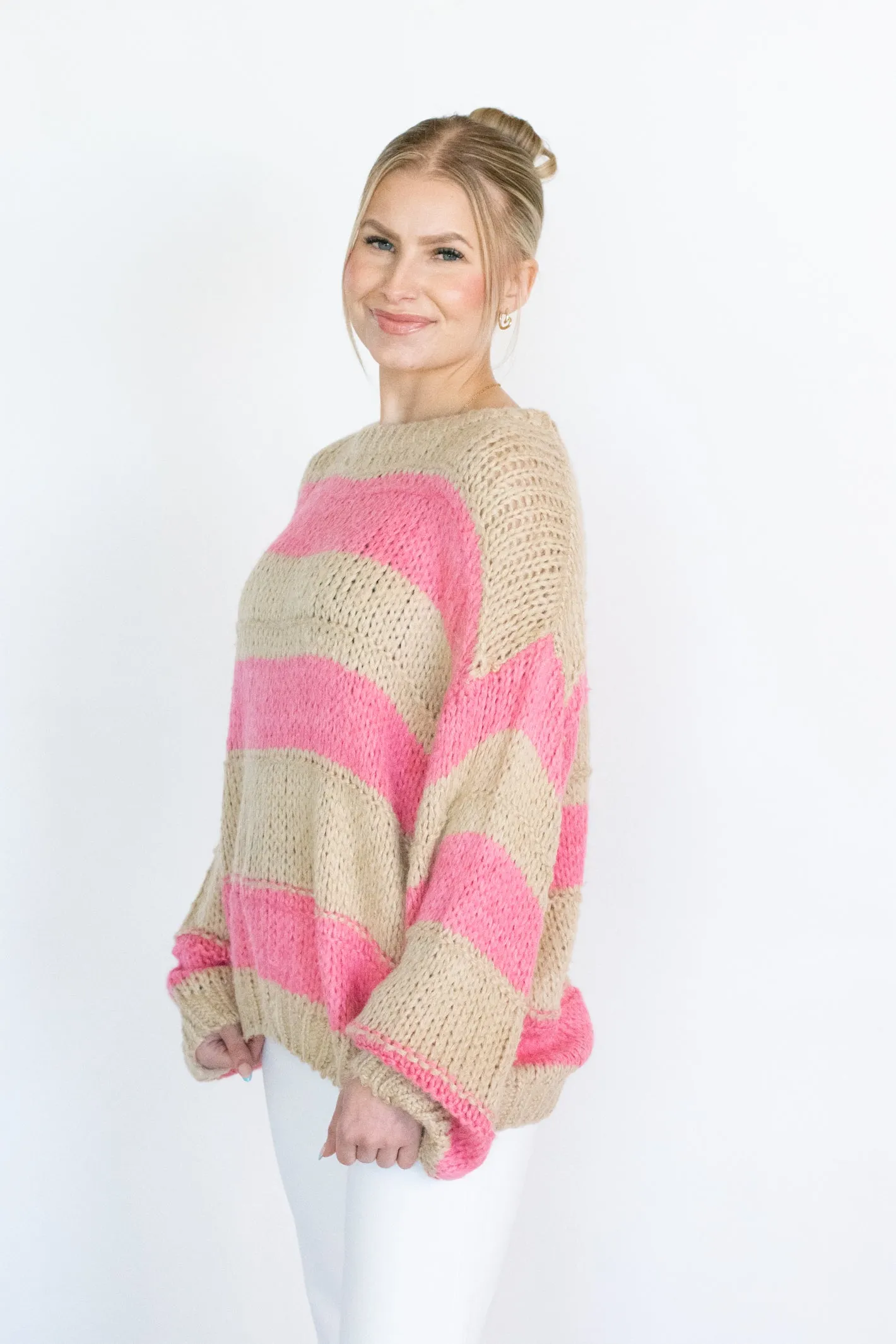 Delightful Ways Pink/Beige Stripe Sweater