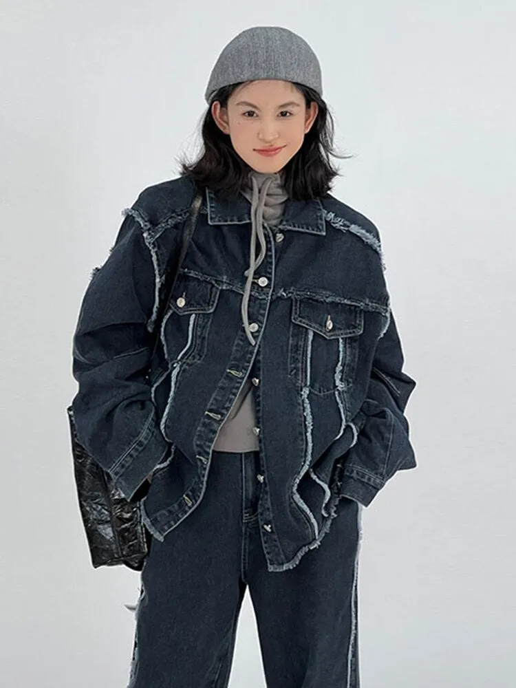 Fashion Women Denim Coat Lapel Single Breasted Burrs Spliced Wash Streetwear Versatile Jacket Autumn 2023 New 5R5696