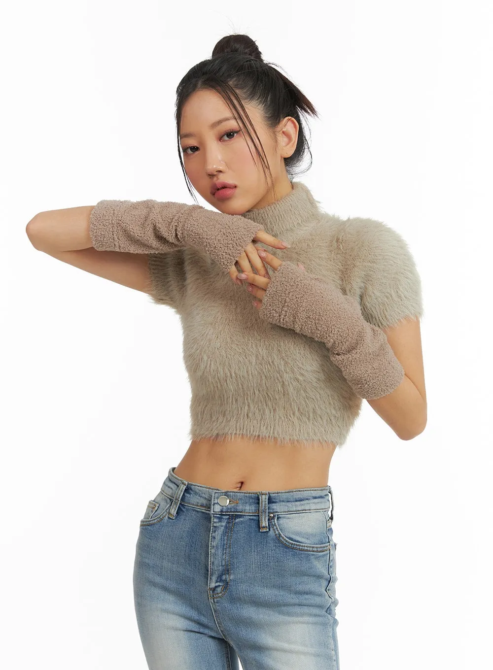 Fuzzy Turtleneck Short Sleeve Sweater CJ429