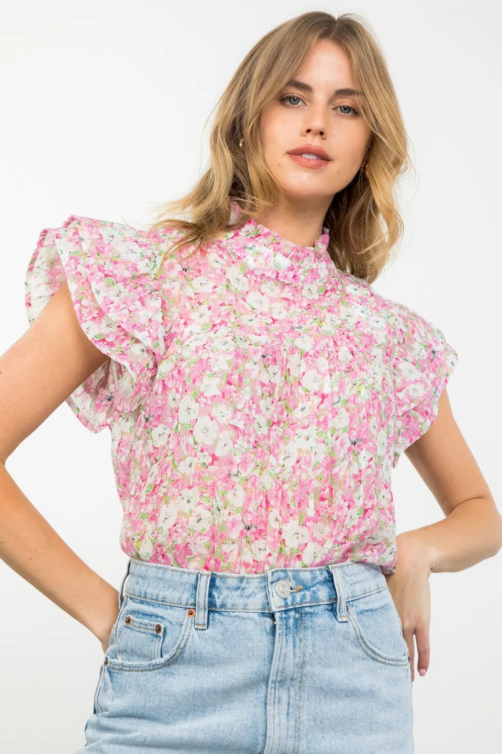 HIGH NECK FLUTTER FLORAL TOP