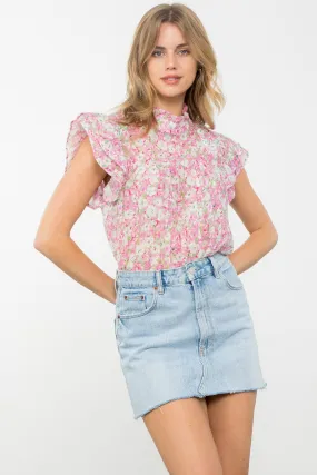 HIGH NECK FLUTTER FLORAL TOP