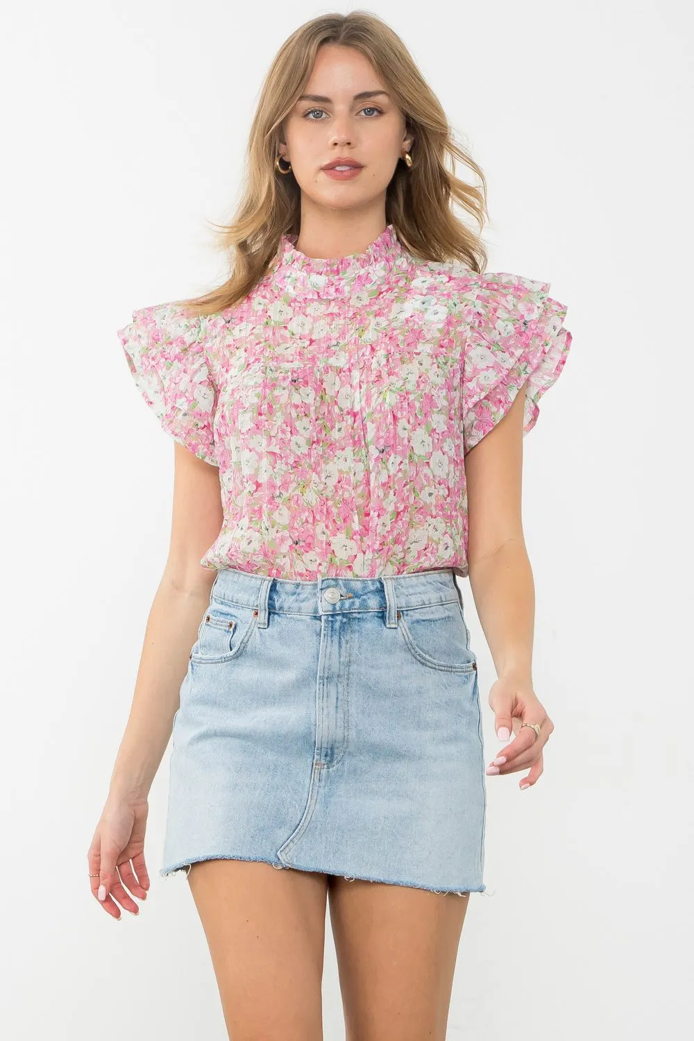 HIGH NECK FLUTTER FLORAL TOP