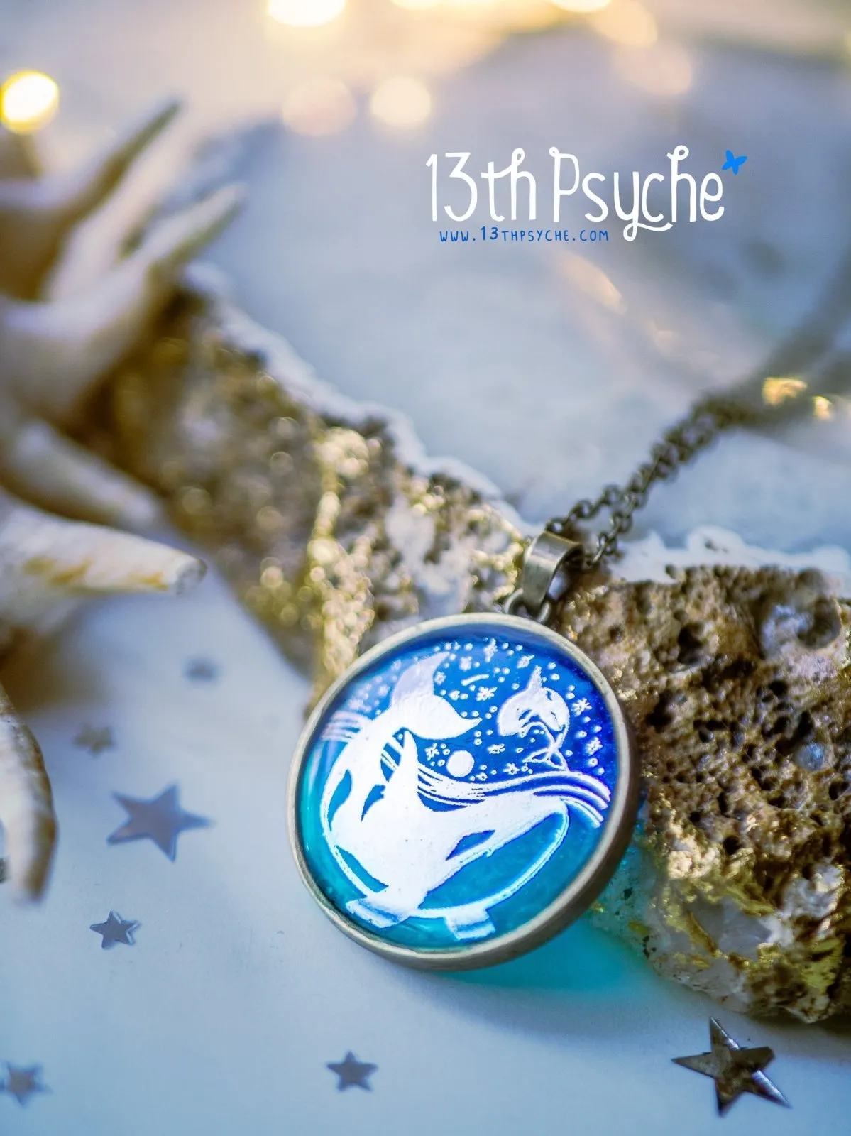 Illustrated orcas resin pendant necklace