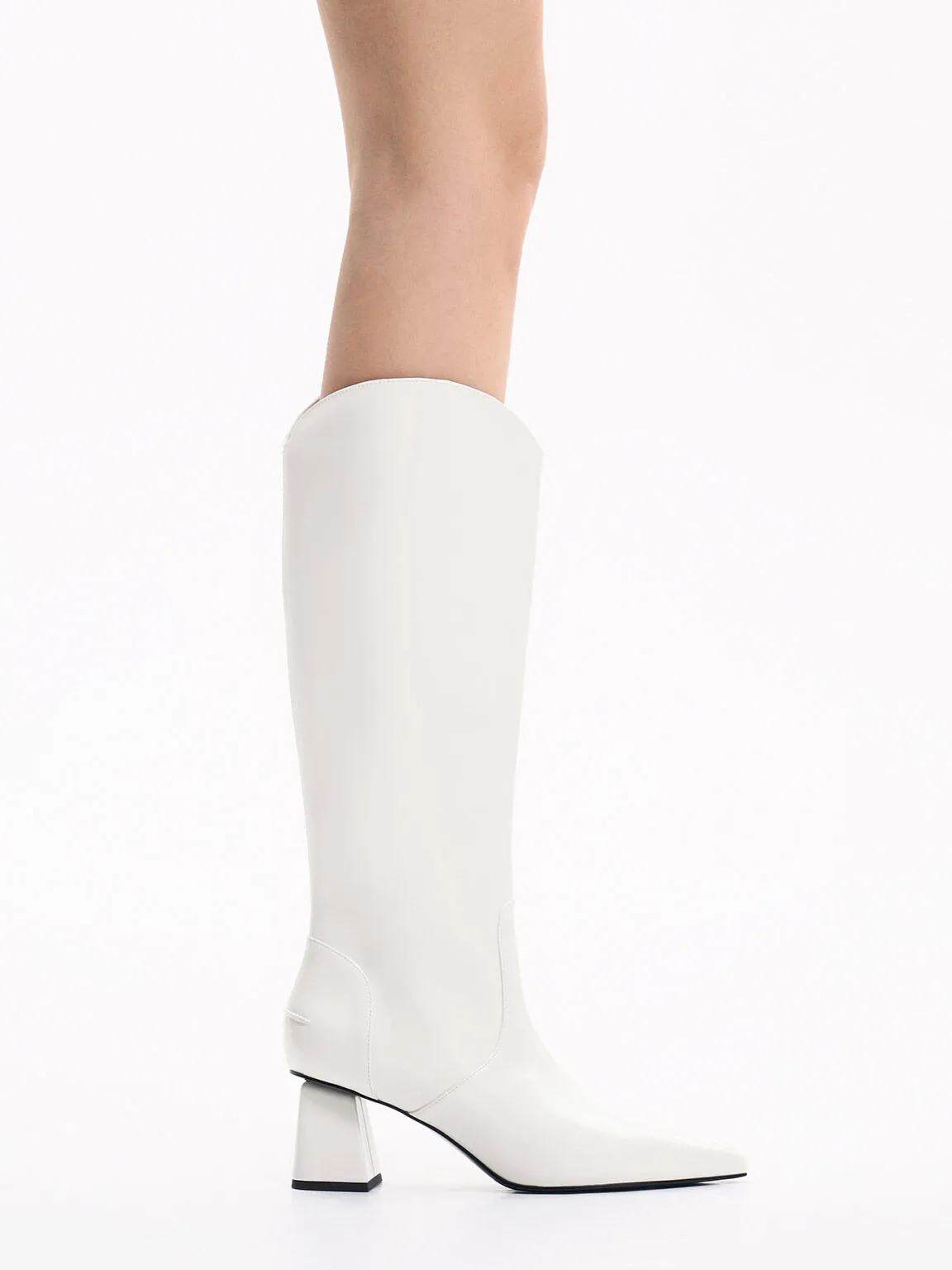 Lucinda Trapeze-Heel Knee-High Boots - White