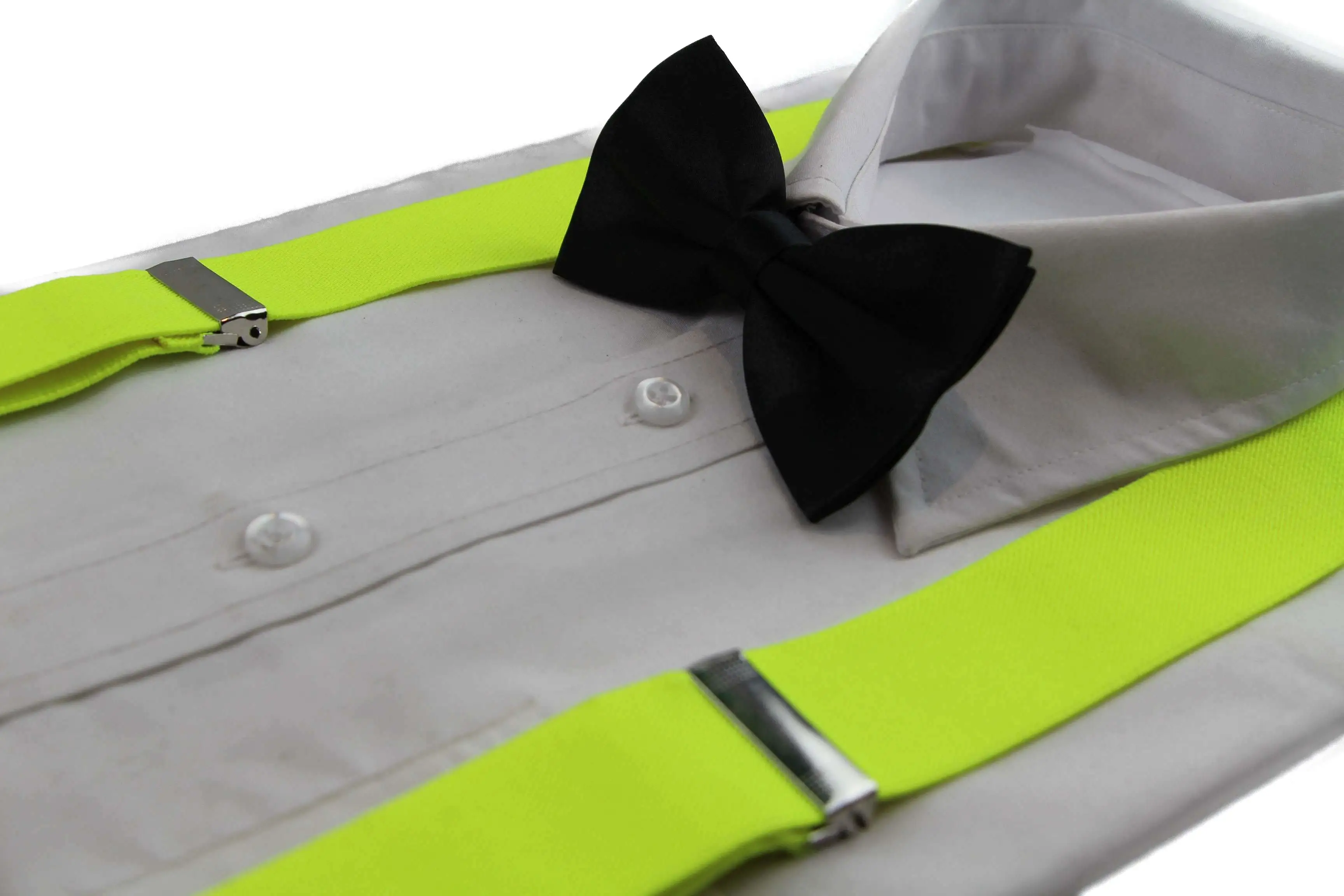 Mens Fluro Yellow 100cm Wide Suspenders & Black Bow Tie Set