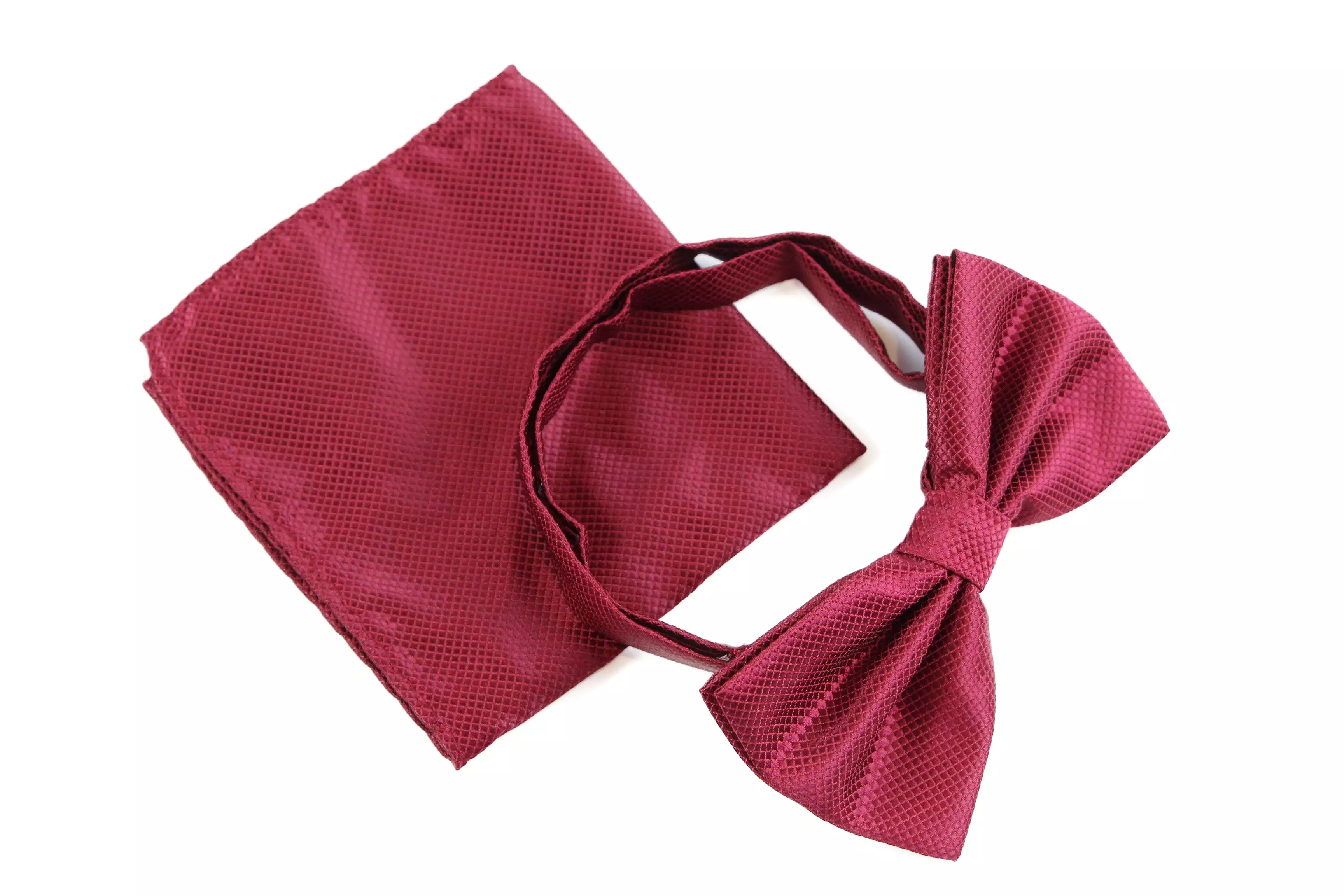 Mens Maroon Plain Coloured Checkered Bow Tie & Matching Pocket Square Set