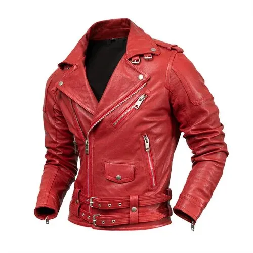 Men's Red Vegetable Tanned Genuine Leather Motorcycle Street Jacket