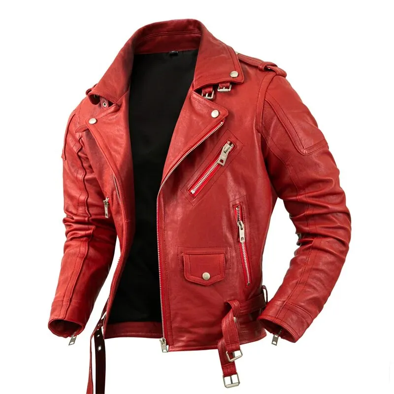 Men's Red Vegetable Tanned Genuine Leather Motorcycle Street Jacket