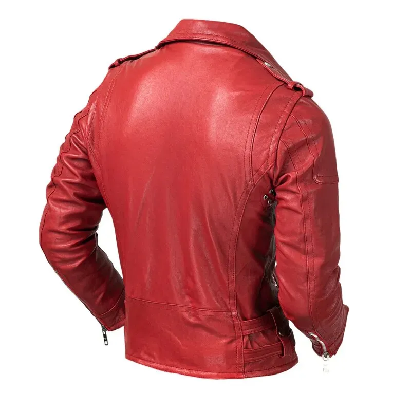 Men's Red Vegetable Tanned Genuine Leather Motorcycle Street Jacket