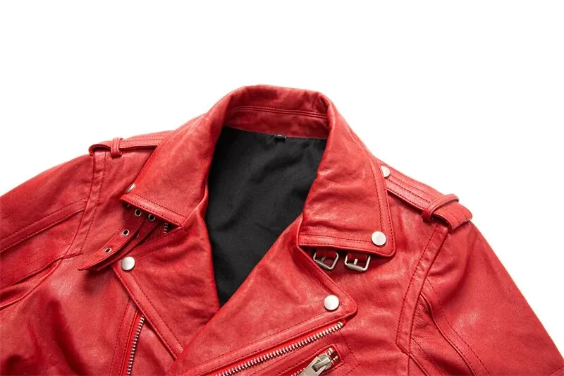 Men's Red Vegetable Tanned Genuine Leather Motorcycle Street Jacket