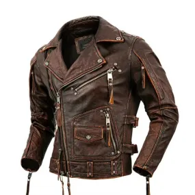 Men's Vintage Genuine Leather Zipper Pocket Decor Motorcycle Jacket