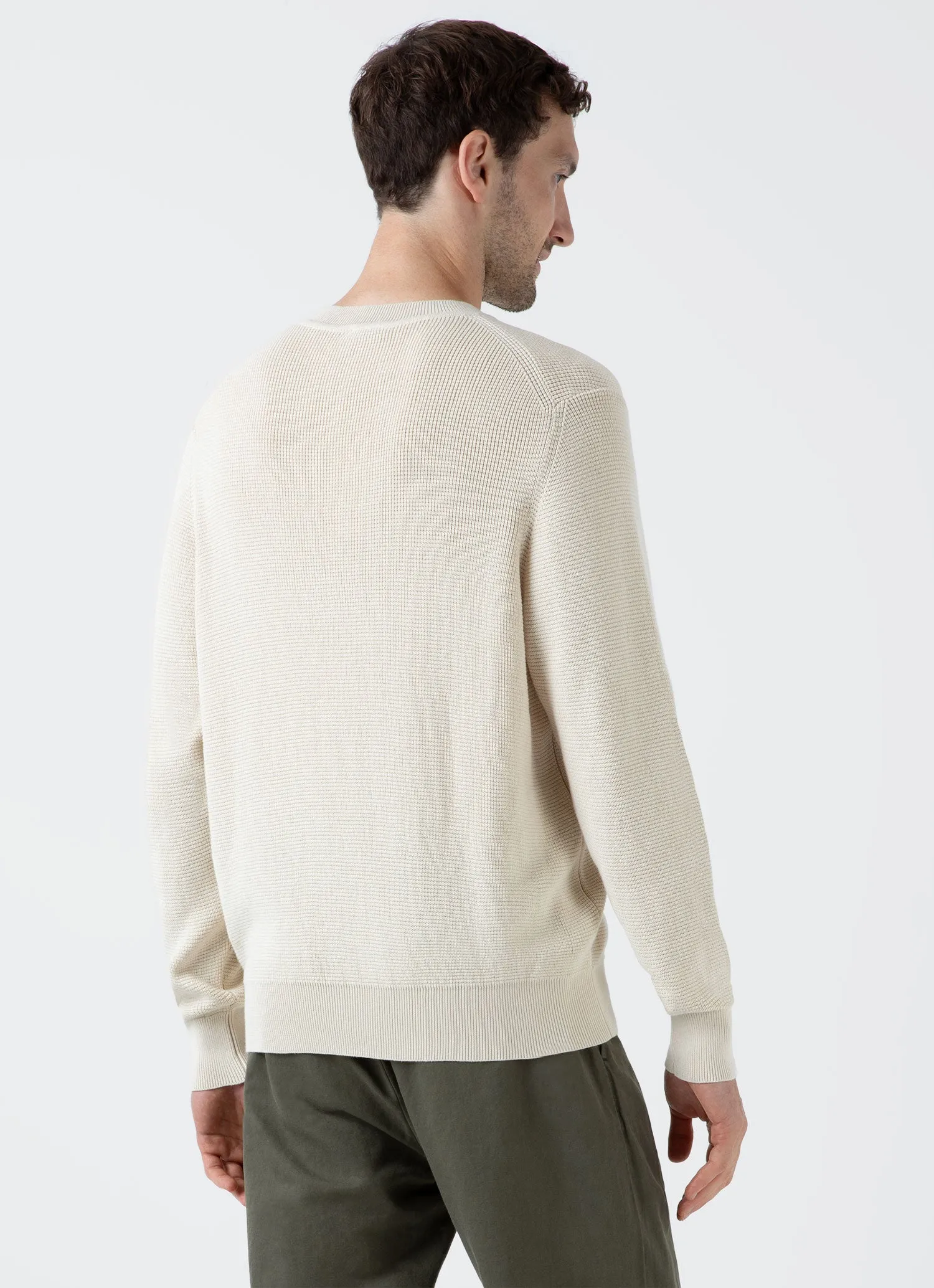 Men's Waffle Stitch Crew Neck Jumper in Ecru