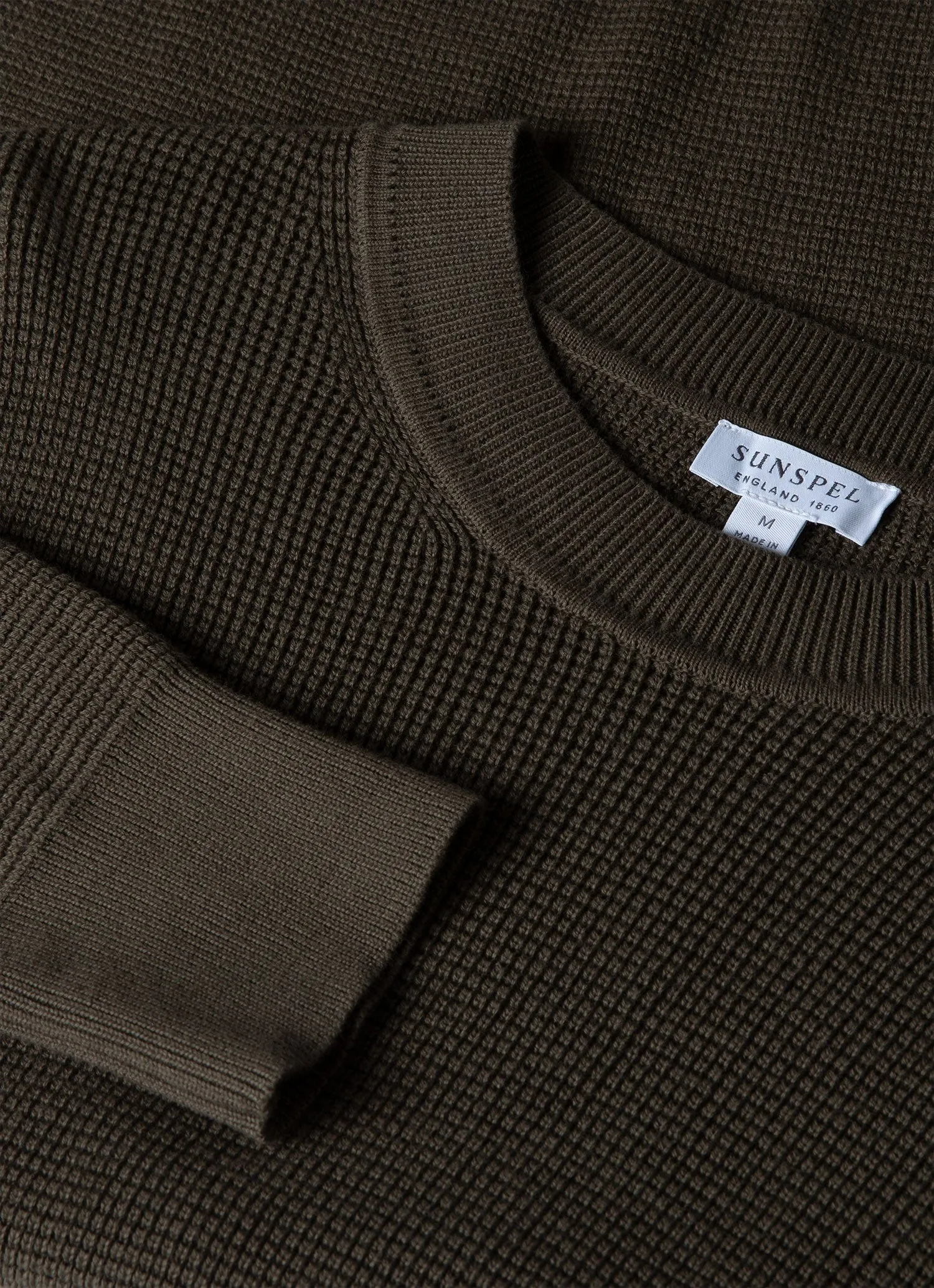 Men's Waffle Stitch Crew Neck Jumper in Khaki