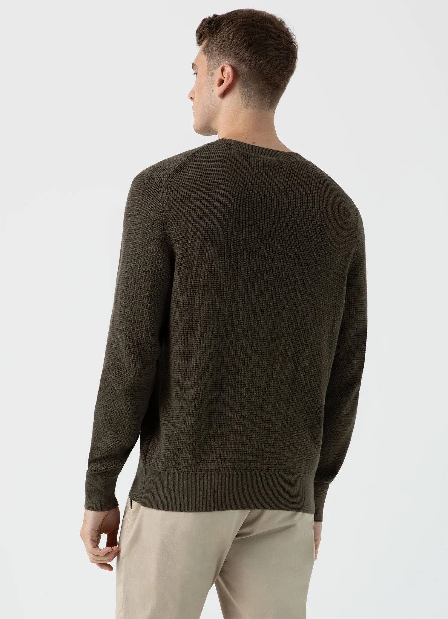 Men's Waffle Stitch Crew Neck Jumper in Khaki