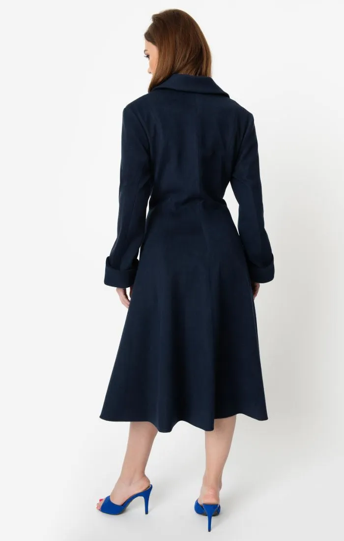 Micheline Pitt For Unique Vintage 1950s Style Navy Blue Neo-Noir Swing Coat (XS and S ONLY)