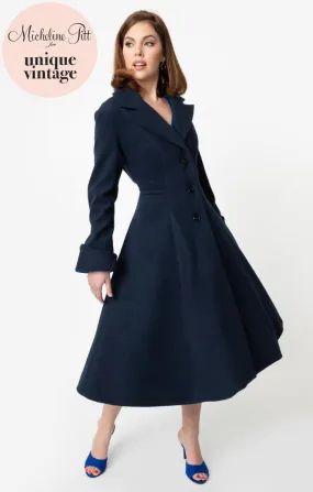 Micheline Pitt For Unique Vintage 1950s Style Navy Blue Neo-Noir Swing Coat (XS and S ONLY)