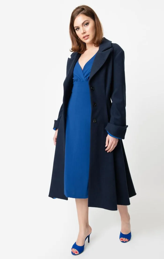 Micheline Pitt For Unique Vintage 1950s Style Navy Blue Neo-Noir Swing Coat (XS and S ONLY)