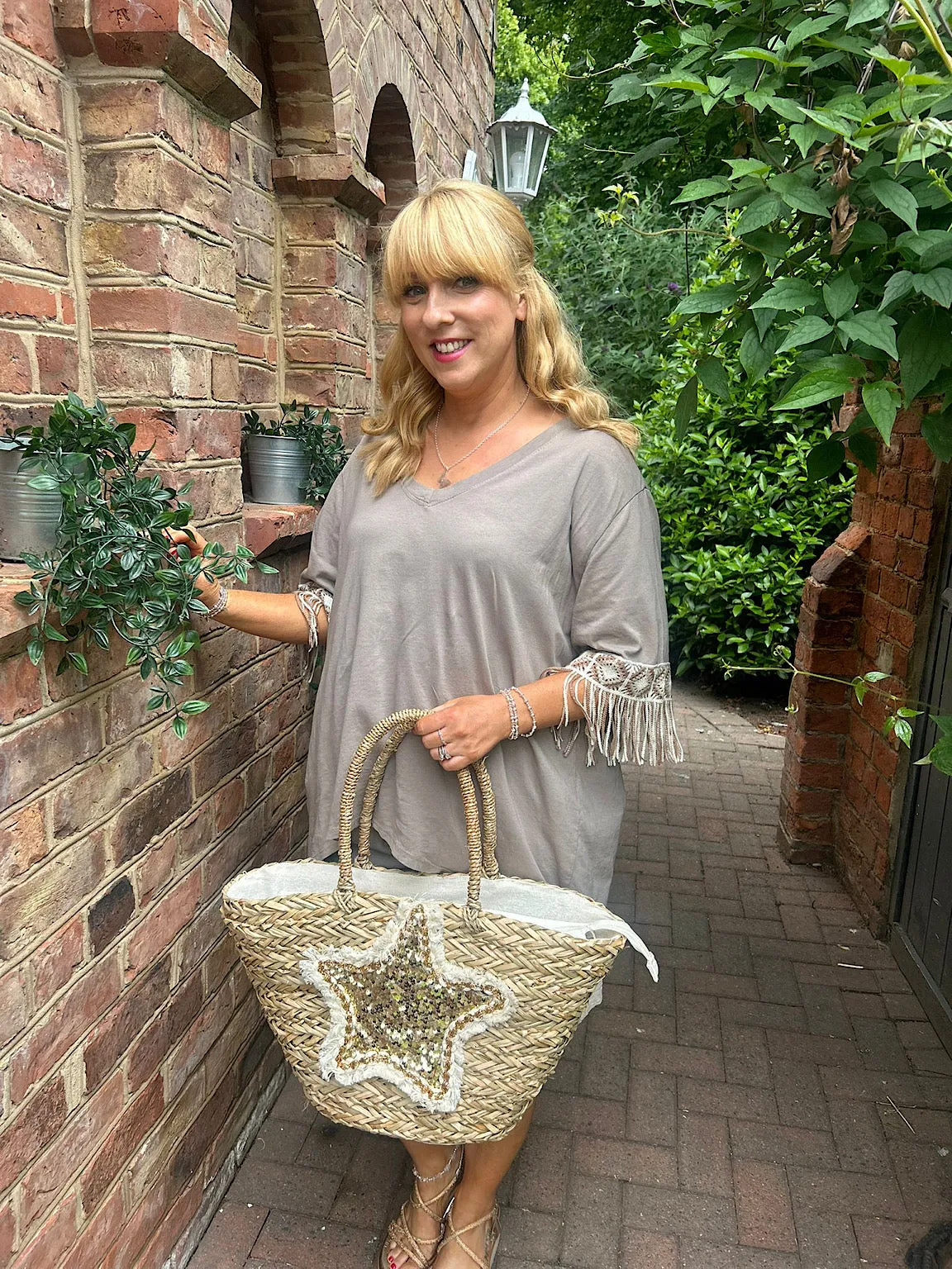 Mocha Crochet Fringed Sleeve Top Drew