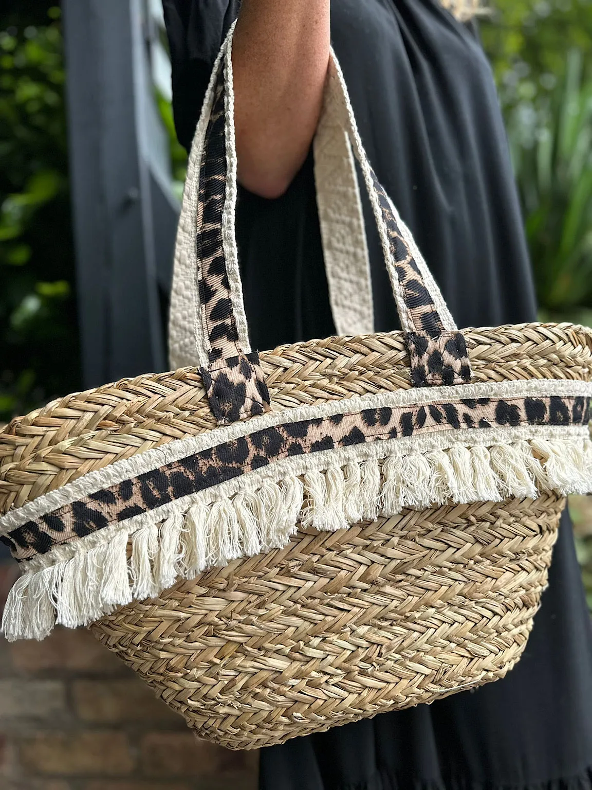 Natural Leopard Strap Tassel Tote Bag