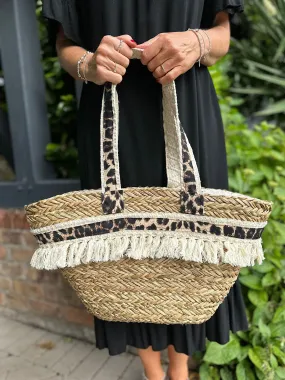 Natural Leopard Strap Tassel Tote Bag