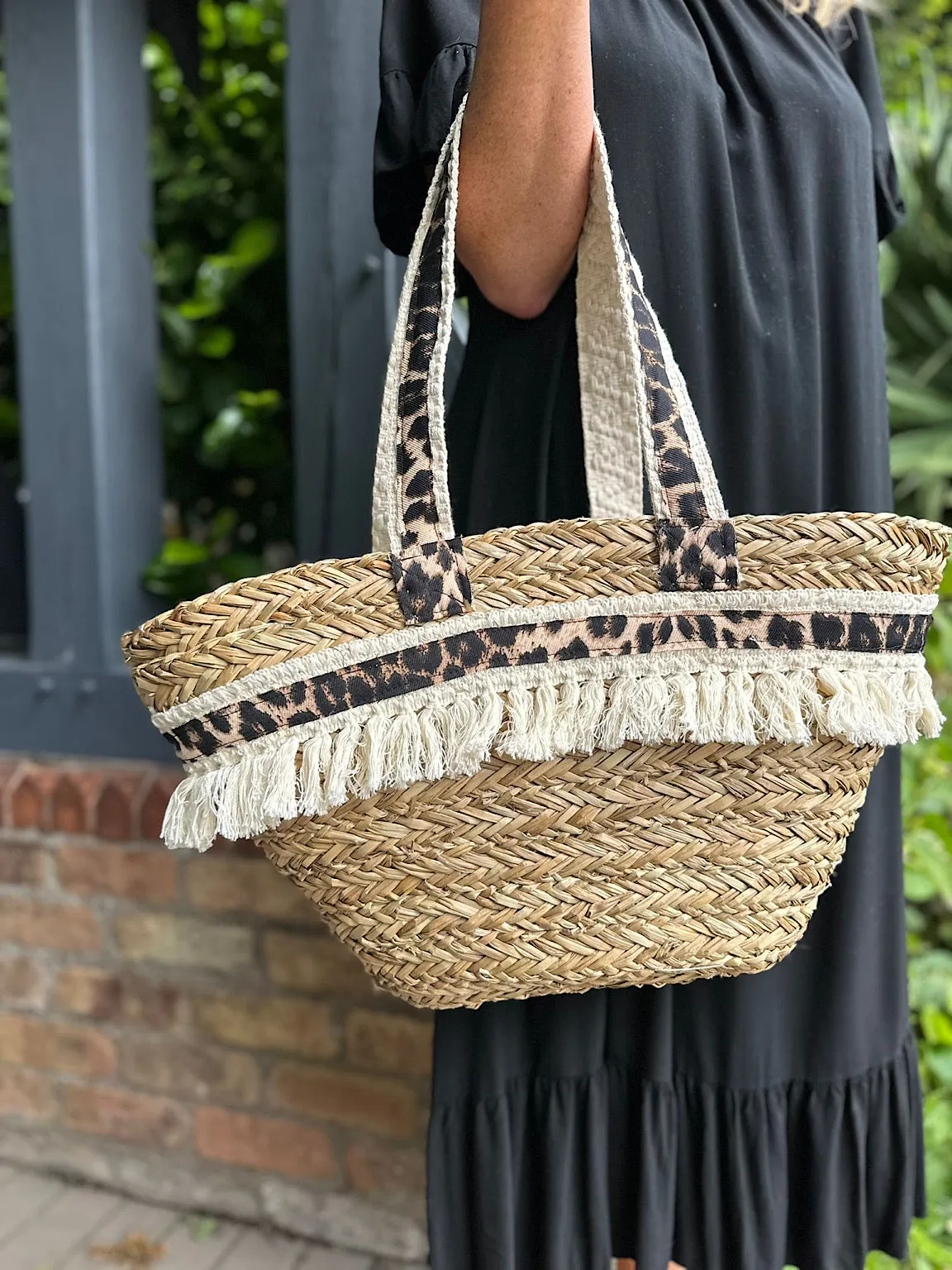 Natural Leopard Strap Tassel Tote Bag