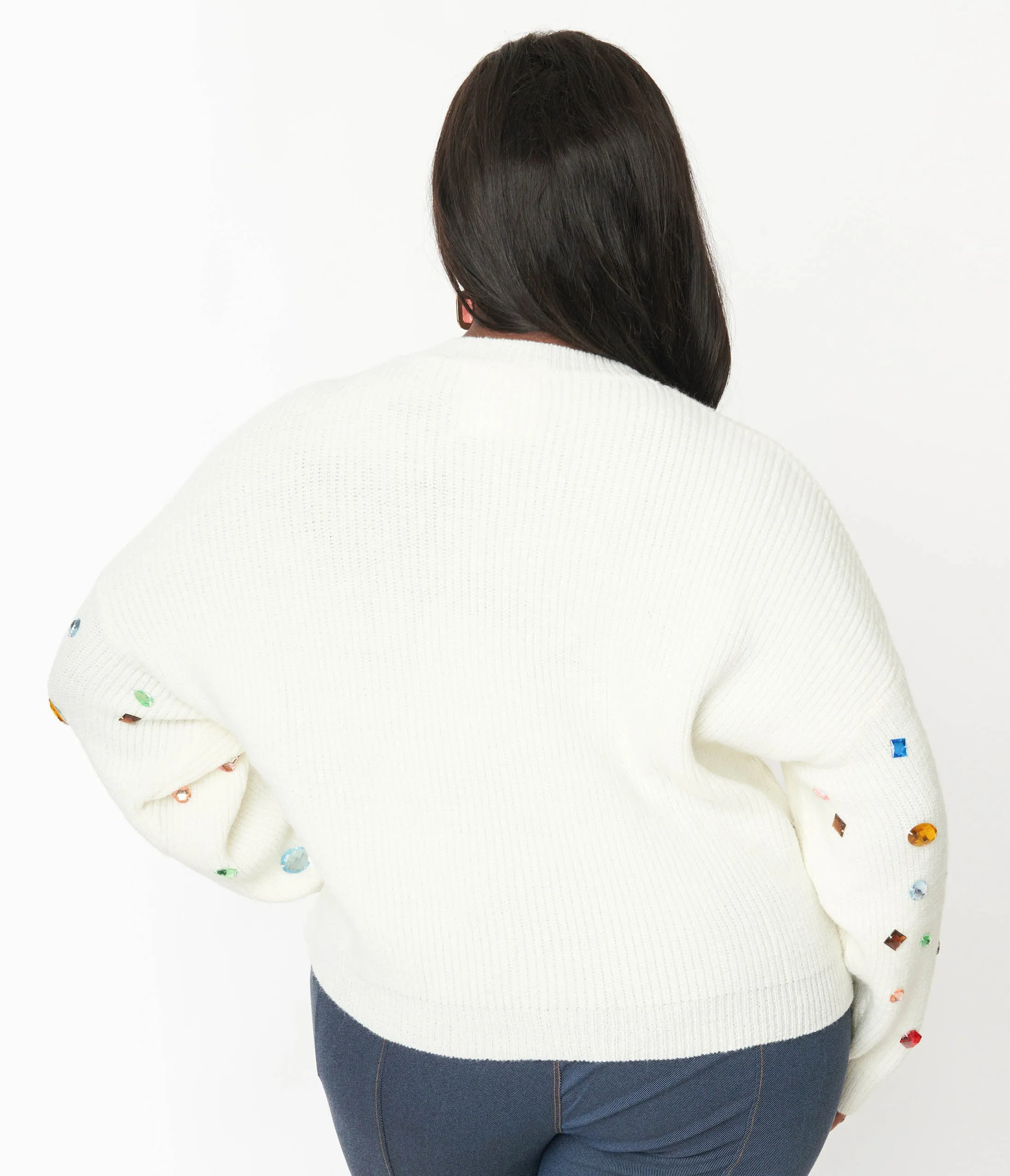 Plus Size Cream Bejeweled Pullover Sweater