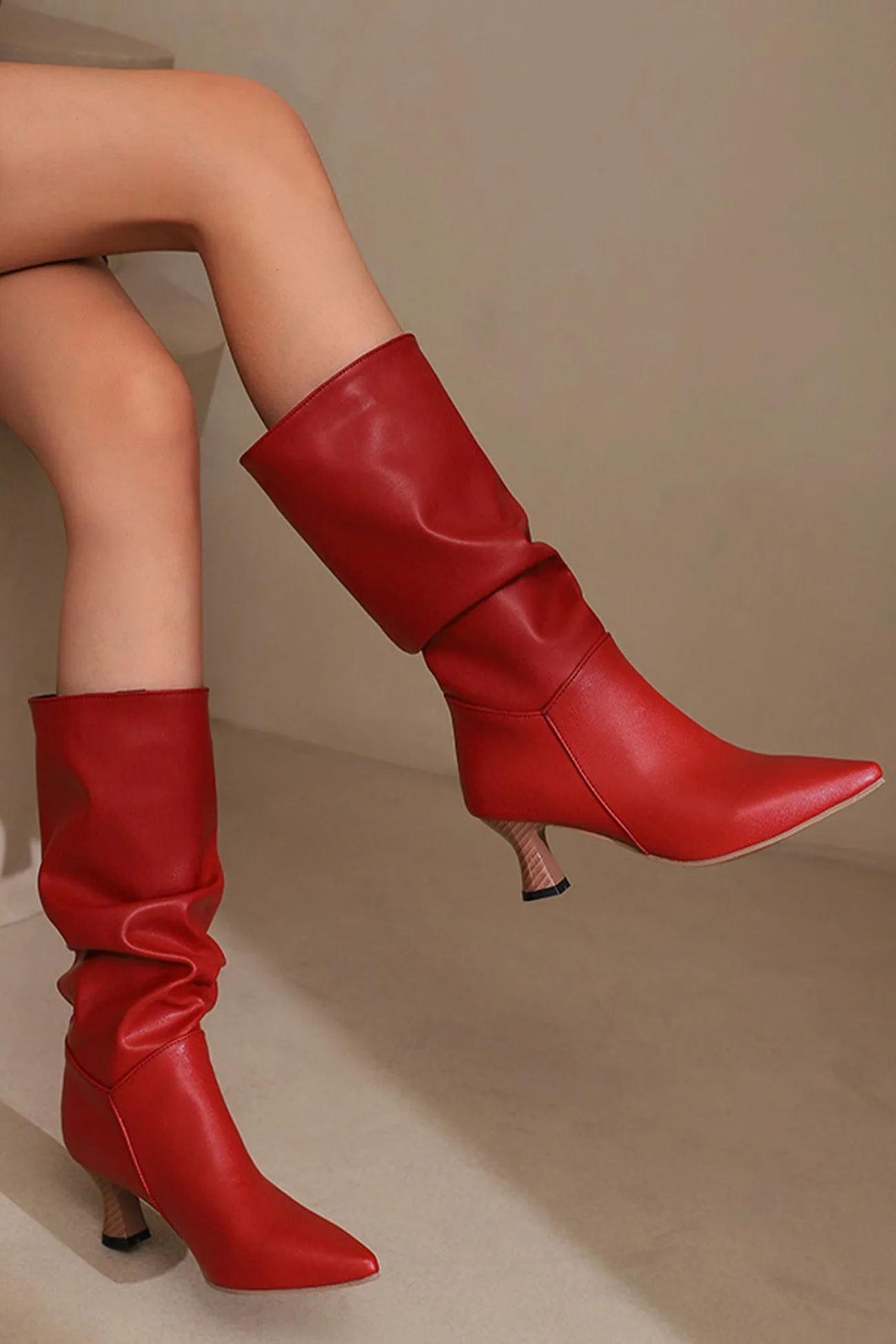 Pointed Toe Pleated Knee High Boots