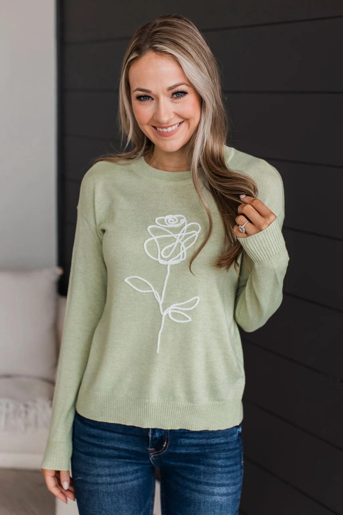 Searching For Love Embroidered Sweater- Sage