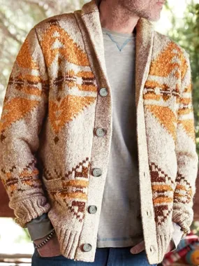 Southwest Stretch Cardigan Coat, Men's Casual Vintage Style V Neck Button Up Cardigan Jacket For Fall Winter