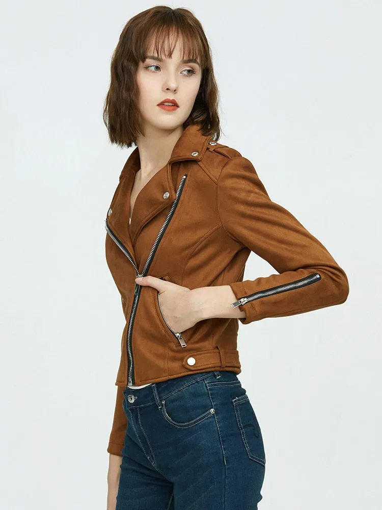 Synthetic Leather Streetwear Moto Biker Zipper Lapel Jackets for Women