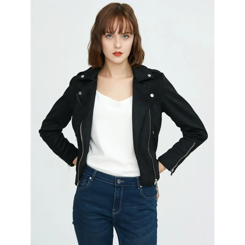 Synthetic Leather Streetwear Moto Biker Zipper Lapel Jackets for Women